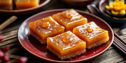 Close-up of traditional Chinese New Year, nian gao, sticky rice cake slices with a glossy texture, garnished with golden syrup, served on a simple red plate for a festive and authentic holiday treat.