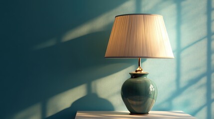 Obraz premium Elegant table lamp casting shadows in a serene room with a turquoise wall, enhancing the ambiance of modern interior decor.