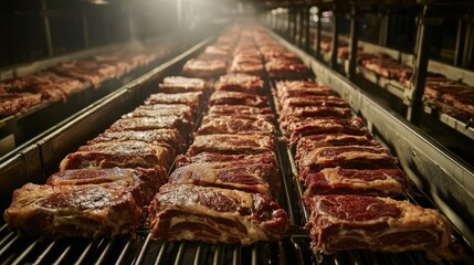 Aerial view of industrial-scale meat production showcasing rows of beef cuts in processing facilities under optimized lighting