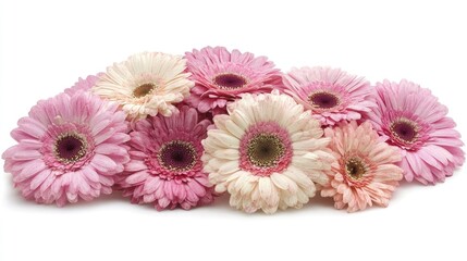 Pink and white gerbera daisies elegantly arranged against a clean white background showcasing vibrant floral colors and textures.