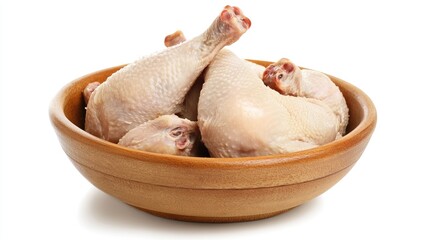 Raw chicken drumsticks in a wooden bowl on white background ready for cooking or meal preparation in culinary image.