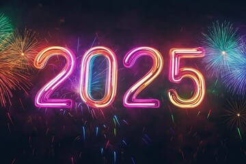 Neon "2025" Sign with Fireworks for New Year