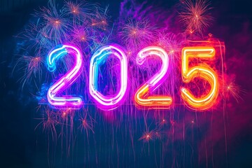 Neon "2025" Sign with Fireworks for New Year