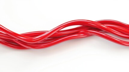 Red electrical wire twisted on a clean white background highlighting texture and color for use in design and technology related projects.
