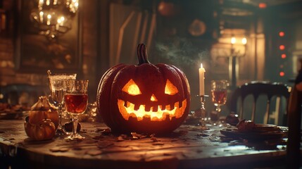 Spooky Halloween pumpkin centerpiece on a festive table with candles and autumn decor in a dimly lit setting
