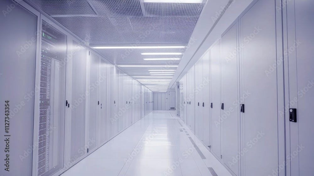 Poster modern interior of a large data center featuring rows of closed server cabinets in a clean and organ