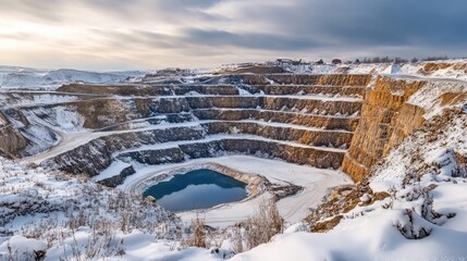 Winter landscape of an open pit mine with snow-covered edges and a frozen pond in the center under a cloudy sky.