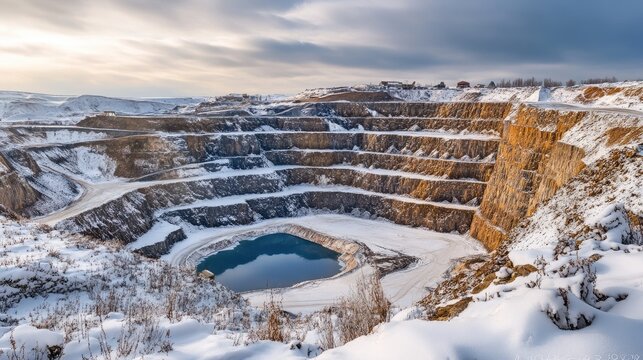 Winter landscape of an open pit mine with snow-covered edges and a frozen pond in the center under a cloudy sky.