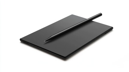 Black graphic tablet and stylus pen on a minimal white background for digital art and design purposes