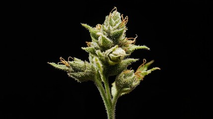 Blooming cannabis bud with trichomes and stigmas on a black backdrop ideal for herbal medicine and micro growing concept
