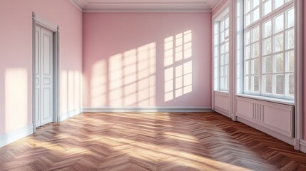 Empty room with pink walls and parquet floor showcasing sunlight through large windows in a renovated apartment interior