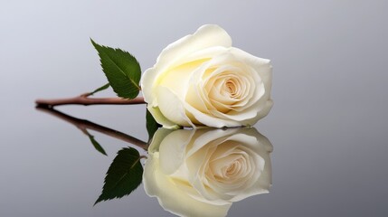 Fototapeta premium Close up of a white rose with a brown stem and yellow stamens reflecting on a grey backdrop showcasing macro photography and soft hues