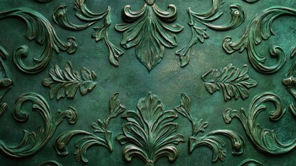 Decorative green Venetian stucco texture with intricate floral patterns for elegant backgrounds and design projects