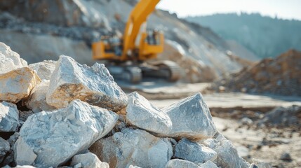 Limestone fragments in a stone quarry with a drilling machine in the background showcasing the mining industry's heavy machinery and materials.
