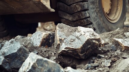 Close up of heavy mining dump truck tire with large stone rocks in a quarry showcasing industrial excavation and transportation processes
