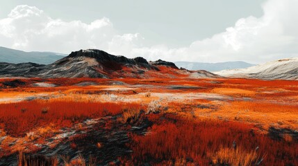 Fototapeta premium Vibrant rusty landscape of a former mining site showcasing red polluted sands and an arid atmosphere against a dramatic sky