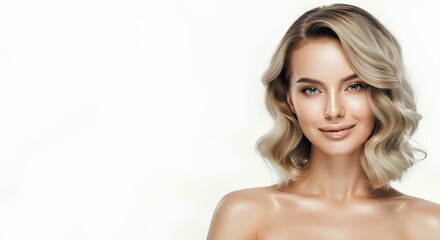 Obraz premium Elegant Portrait of a Woman Model with Radiant, Flawless Skin and Minimalist Background