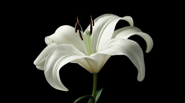 Elegant white Lily Lilium auratum in full bloom against a black background showcasing its delicate petals and graceful structure.