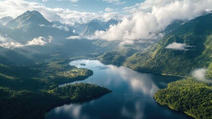 Obraz premium Majestic aerial view of a serene lake surrounded by lush mountains and clouds under a bright sky showcasing nature's tranquility