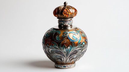 Vintage decorative perfume bottle with intricate floral design and ornate cap showcasing elegance and artistry in glassware.
