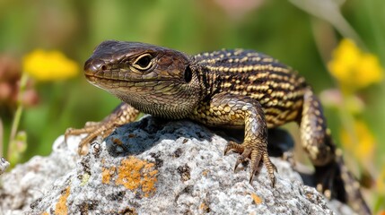 Obraz premium Detailed close-up of a lizard resting on a rock surrounded by vibrant green grass and yellow flowers in a natural setting.