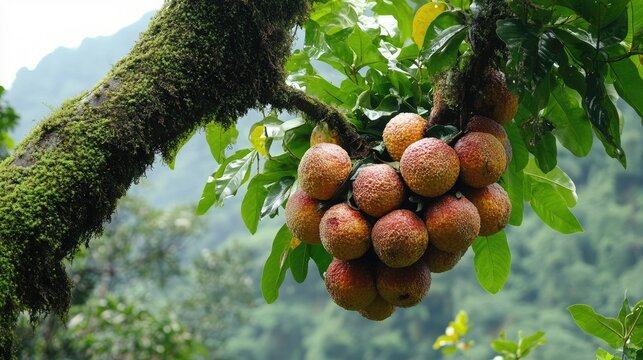 Tropical fruited tree with clusters of spherical fruits amidst vibrant green foliage in a lush natural landscape setting