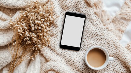Boho style home office flat lay with smartphone mockup coffee cup and dried flowers on cozy beige blanket in feminine workspace setting