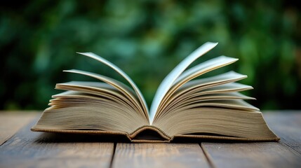 Obraz premium Open book on wooden table with fanned pages and green background symbolizing education and back to school concepts with copy space.