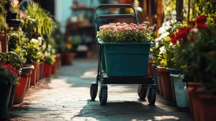 Gardening cart filled with vibrant flowers in a lush garden path surrounded by potted plants and greenery for home renovation projects