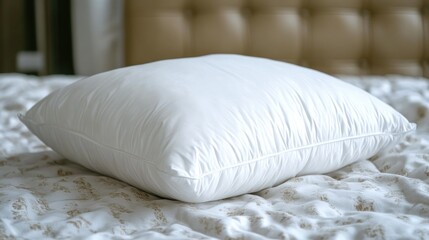 Fototapeta premium Freshly laundered white pillow on a neatly made hotel bed with clean linens illuminated by soft natural sunlight