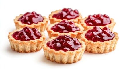 Jam tartlets with a glossy berry filling beautifully arranged on a clean white background showcasing a delicious dessert treat.