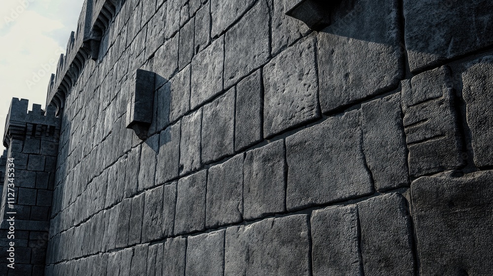 Poster textured grey precast concrete block wall with interlocking cinder bricks and large square caps desi