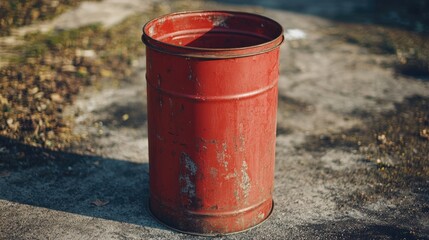 Obraz premium Rustic red metal garbage can on a weathered surface with natural lighting showcasing its vintage design and texture.
