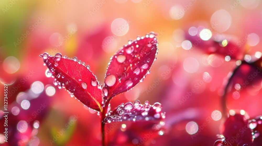 Wall mural vibrant red bokeh background with dew drops on leaves creating a dreamy and refreshing natural ambia