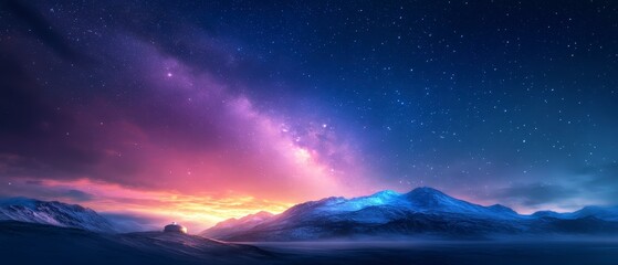Naklejka premium Majestic night sky over snow-capped mountains serene landscape celestial beauty peaceful view