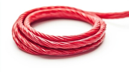 Naklejka premium Coiled red cable on a white background showcasing flexibility and texture ideal for design and technology concepts