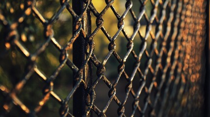 Chain link fence providing security and protection for residential properties in a warm, natural setting.