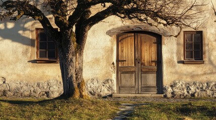 Fototapeta premium Historical farmhouse in the Austrian Alps featuring rustic wooden doors and a solitary tree in serene natural surroundings
