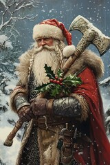 Santa Claus portrayed as a warrior in a mythical Norse setting, wearing fur-lined armor and carrying a battle axe decorated with holly and mistletoe