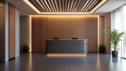 Modern luxury hotel lobby with elegant lighting and sleek reception desk creating a welcoming atmosphere for guests and visitors.