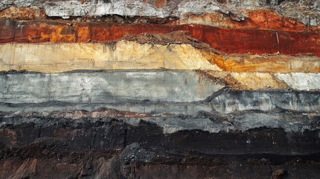 Open pit iron ore mine showcasing geological layers of soil and rich ore deposits in a dramatic stratified landscape