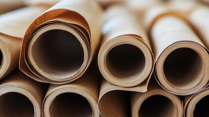 Close-up of rolled paper sheets stacked horizontally showcasing textures and details in a visually appealing arrangement for creative projects.
