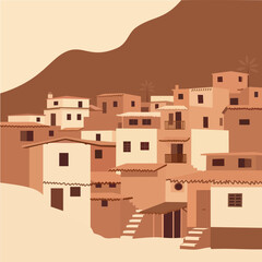 Brazilian favela landscape. Vector illustration in warm beige colors