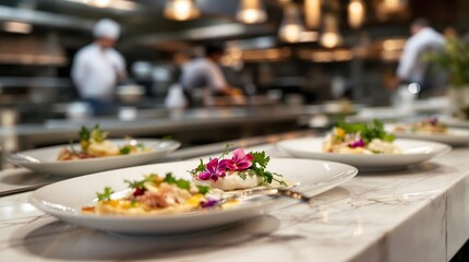 Close-Up of Plated Gourmet Dishes on a Marble Counter in a Restaurant, Chefs Preparing Food in the Background