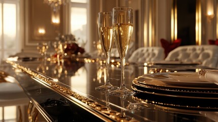 Elegant dining setup featuring champagne glasses on a luxurious table with golden accents and plush seating for a sophisticated affair.