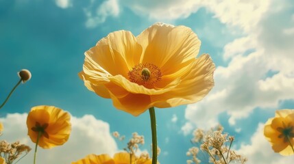 Obraz premium Vibrant yellow flower under a bright blue sky with fluffy clouds showcasing nature's beauty and tranquility in a sunny landscape.