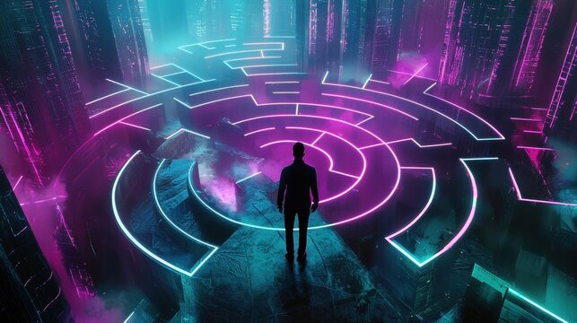 A man stands in a futuristic maze illuminated by neon pink and blue lights.