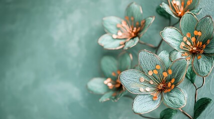 Teal and gold handcrafted flowers on a textured background.