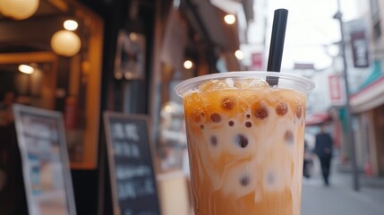 refreshing iced milk tea with tapioca pearls served in a clear cup on a bustling street cafe background