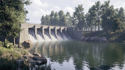 Obraz premium Dam reconstruction with water flowing through spillways surrounded by lush greenery and serene lake scenery.